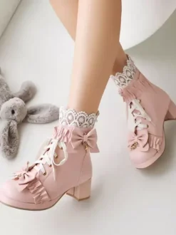 Bottes Lolita Sweet Chaussures Lolita en cuir PU à bout rond blanc