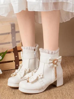 Bottes Mignonne Lolita Cuir PU Volants Arcs Bout Rond Chaussures Lolita Noires