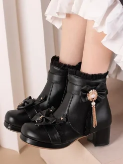 Bottes Mignonne Lolita Cuir PU Volants Arcs Bout Rond Chaussures Lolita Noires