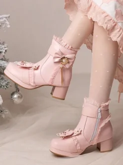 Bottes Mignonne Lolita Cuir PU Volants Arcs Bout Rond Chaussures Lolita Noires