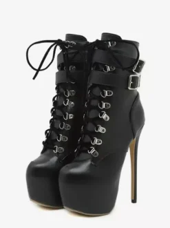 Bottes mi-mollet à plateforme et talon aiguille pour femmes en noir