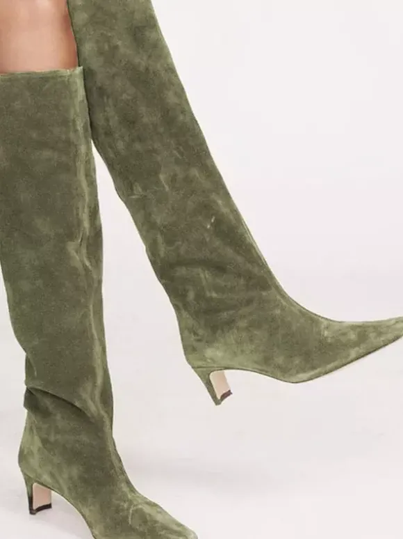 Bottes mi-mollet à talon chaton et bout carré en micro-suède vert foncé pour femmes