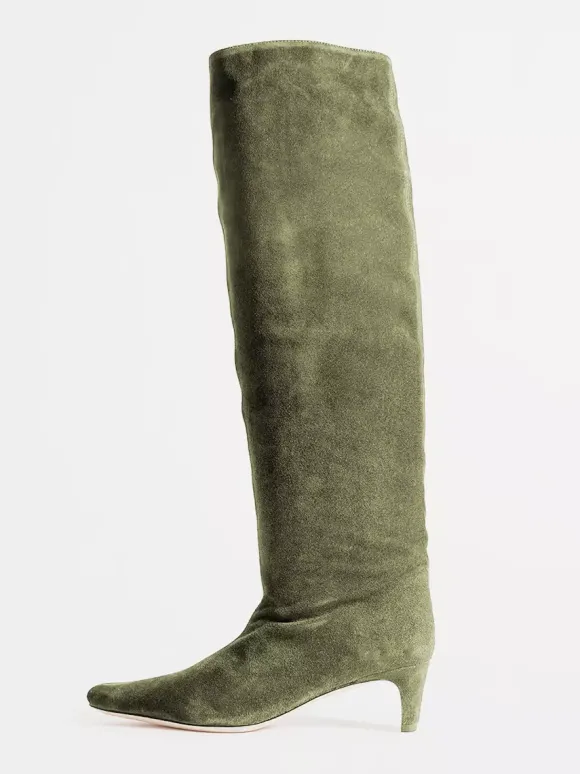 Bottes mi-mollet à talon chaton et bout carré en micro-suède vert foncé pour femmes