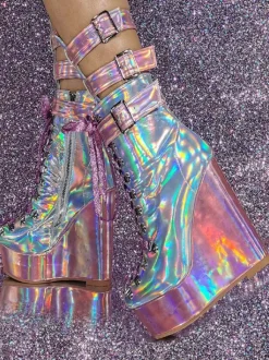 Bottes mi-mollet à talon compensé et bout rond en PU verni pour femme
