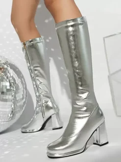 Bottes mi-mollet à talon épais et bout rond en cuir PU noir pour femmes