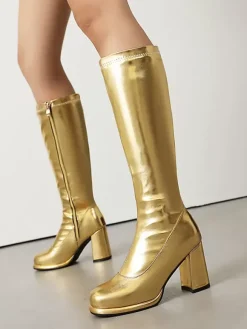 Bottes mi-mollet à talon épais et bout rond en cuir PU noir pour femmes