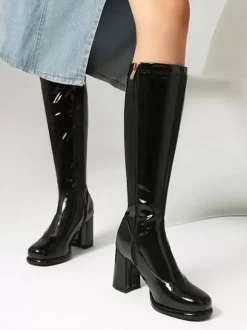Bottes mi-mollet à talon épais et bout rond en cuir PU noir pour femmes