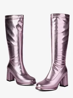 Bottes mi-mollet à talon épais et bout rond en cuir PU noir pour femmes