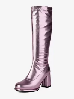 Bottes mi-mollet à talon épais et bout rond en cuir PU noir pour femmes