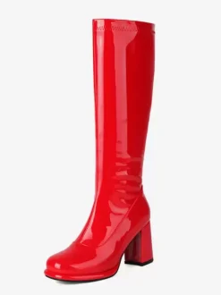 Bottes mi-mollet à talon épais et bout rond en cuir PU noir pour femmes