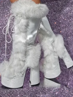 Bottes mi-mollet à talon épais et plateforme en cuir PU pour femmes