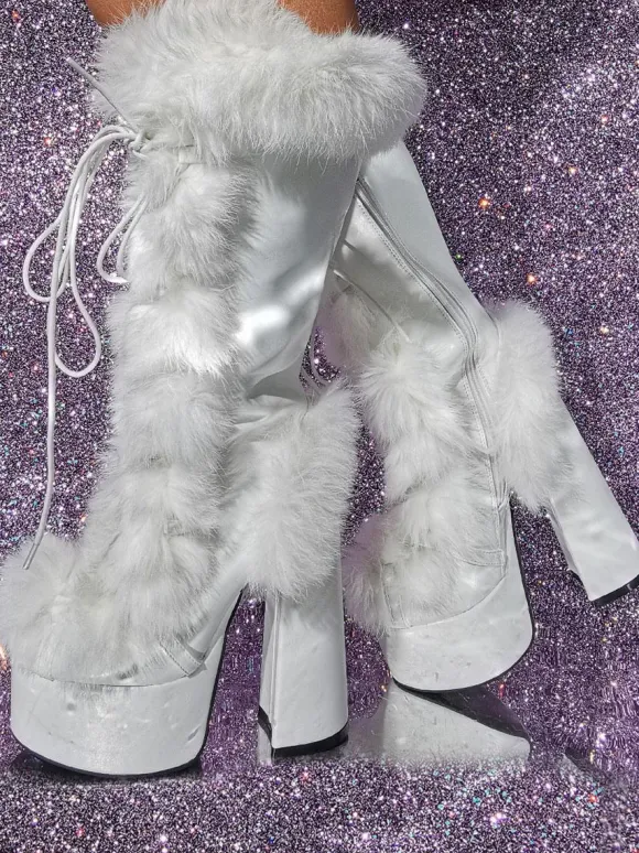 Bottes mi-mollet à talon épais et plateforme en cuir PU pour femmes