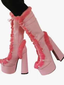 Bottes mi-mollet à talon épais et plateforme en cuir PU pour femmes
