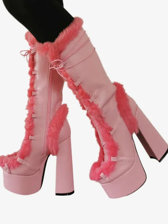 Bottes mi-mollet à talon épais et plateforme en cuir PU pour femmes