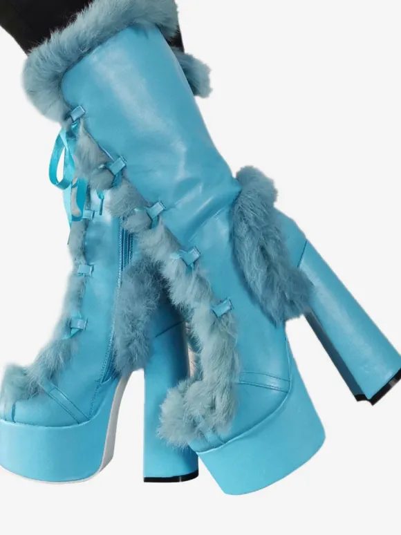 Bottes mi-mollet à talon épais et plateforme en cuir PU pour femmes