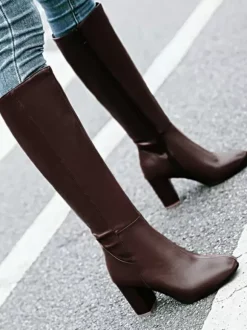 Bottes mi-mollet à talon épais et bout rond en cuir PU pour femmes