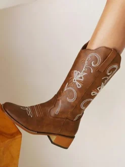 Bottes Mi-mollet Bottines Femme à Talons Hauts Imprimés Fleuries Chaussures de Mariée Bohème