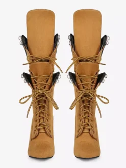 Bottes mi-mollet en daim jaune pour femmes bout pointu lacets talons hauts