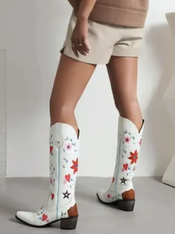 Bottes Mi-mollet Femme à Talons Hauts avec Bout Pointu en Cuir Synthétique Imprimés Chaussures de Mariée Bohème