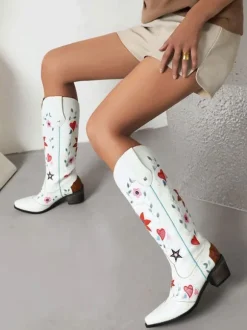 Bottes Mi-mollet Femme à Talons Hauts avec Bout Pointu en Cuir Synthétique Imprimés Chaussures de Mariée Bohème
