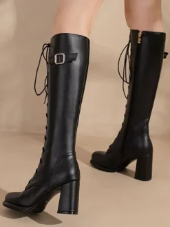 Bottes Mi-mollet Femme à Talons Hauts avec Bout Pointu en Cuir Synthétique Unicolore