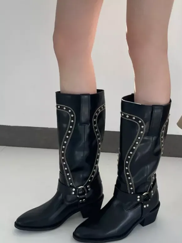 Bottes mi-mollet marron pour femmes bout rond détail boucle bottes plates