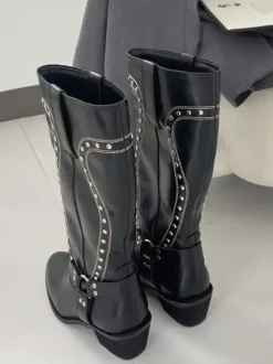 Bottes mi-mollet marron pour femmes bout rond détail boucle bottes plates