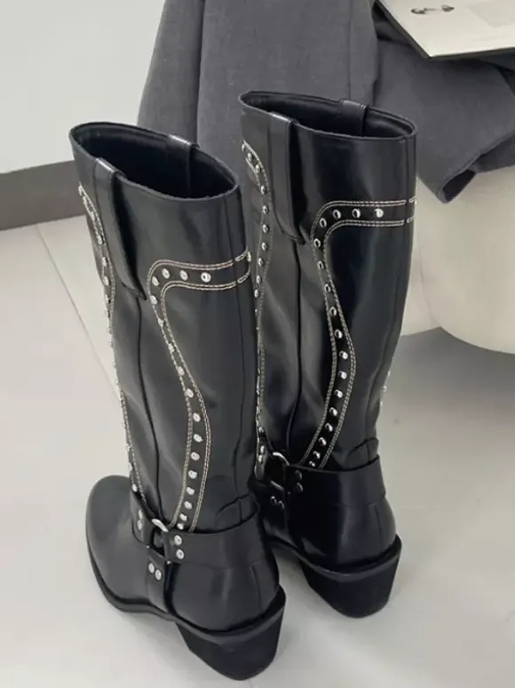 Bottes mi-mollet marron pour femmes bout rond détail boucle bottes plates