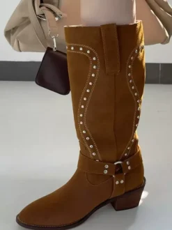 Bottes mi-mollet marron pour femmes bout rond détail boucle bottes plates