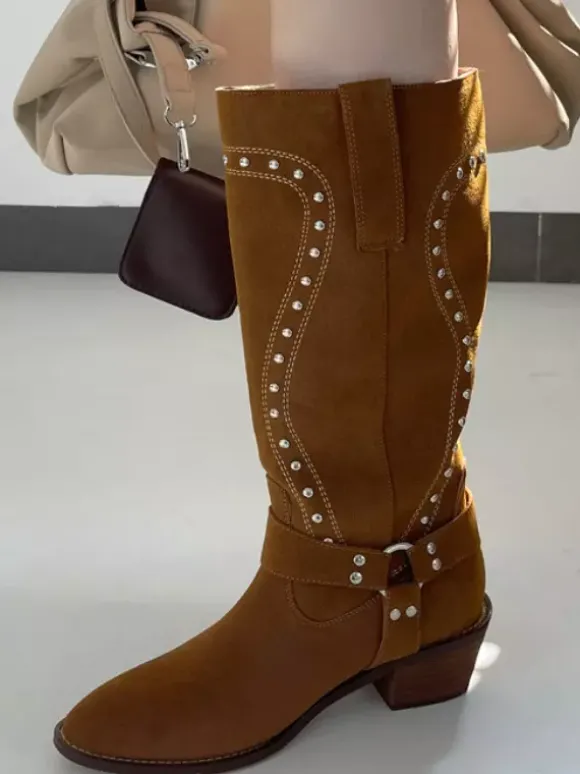 Bottes mi-mollet marron pour femmes bout rond détail boucle bottes plates