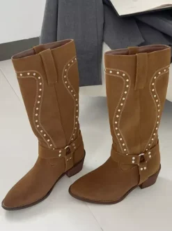Bottes mi-mollet marron pour femmes bout rond détail boucle bottes plates