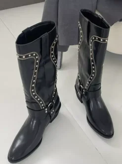 Bottes mi-mollet marron pour femmes bout rond détail boucle bottes plates