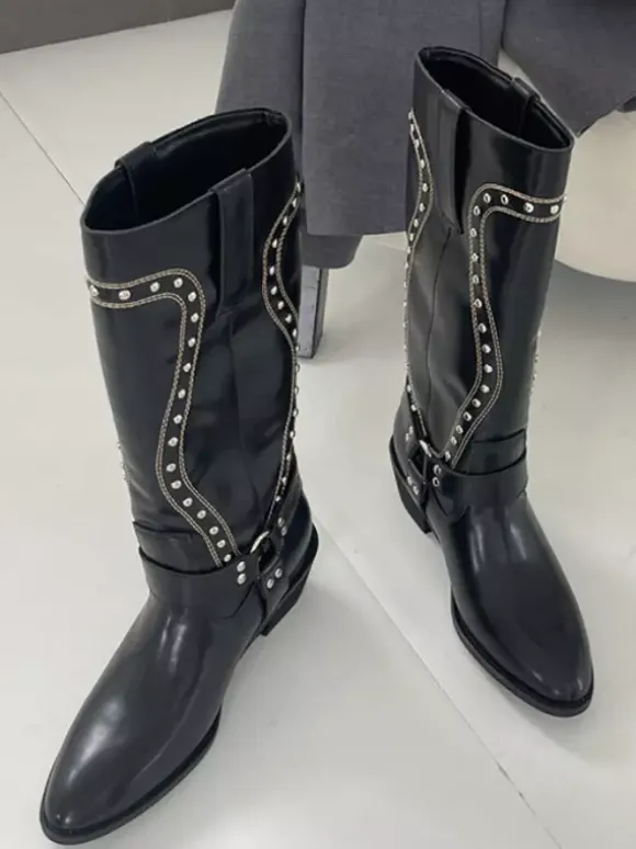 Bottes mi-mollet marron pour femmes bout rond détail boucle bottes plates