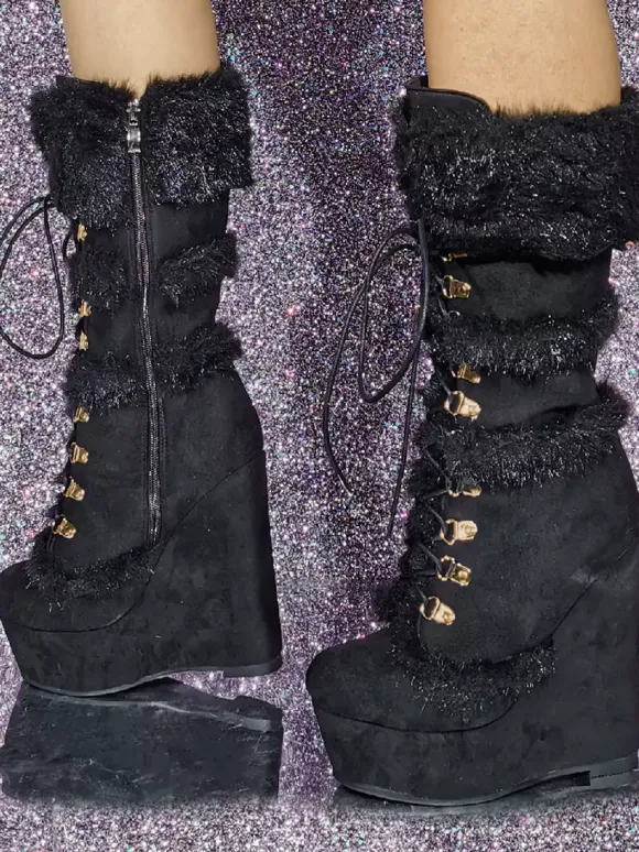 Bottes mi-mollet pour femmes Bottes à talons compensés à bout rond en suède micro
