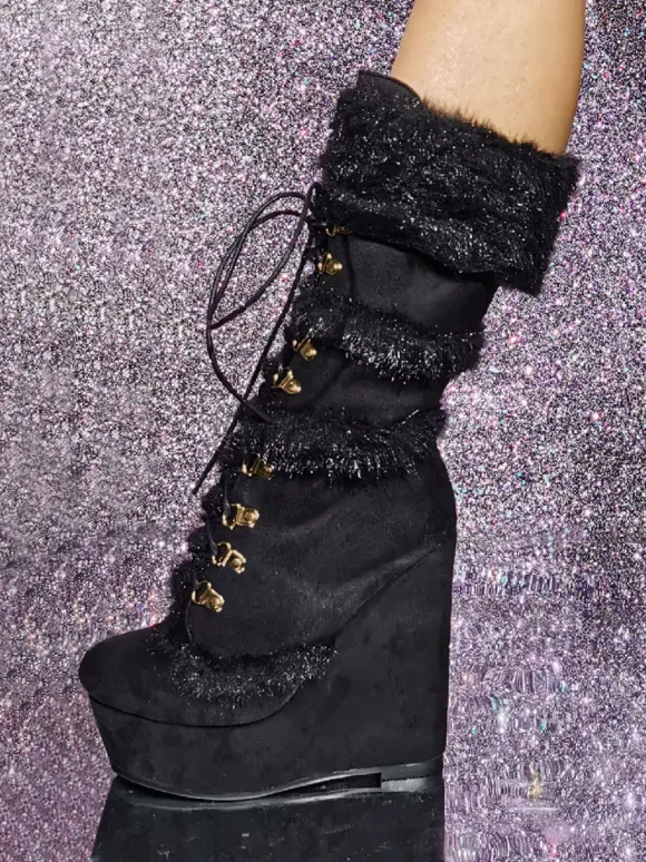Bottes mi-mollet pour femmes Bottes à talons compensés à bout rond en suède micro