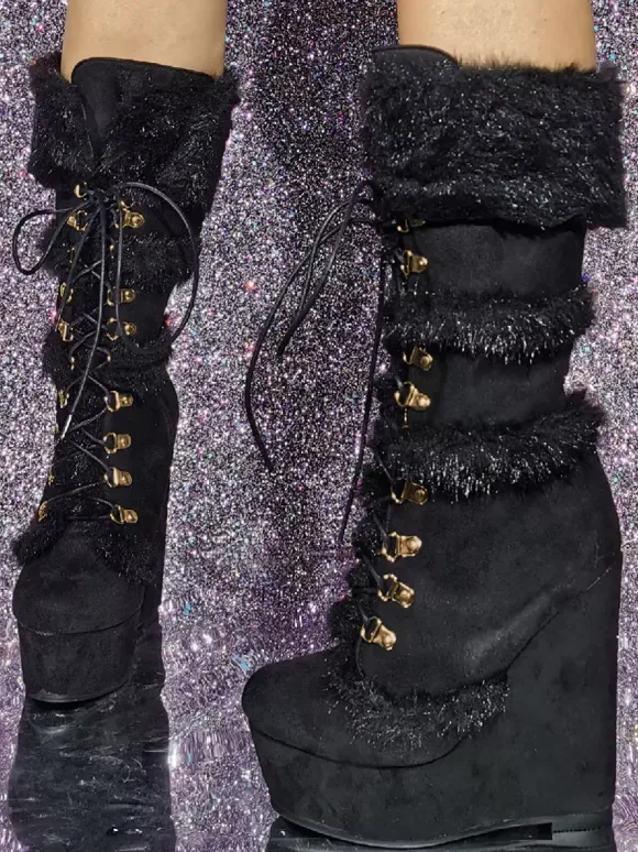 Bottes mi-mollet pour femmes Bottes à talons compensés à bout rond en suède micro