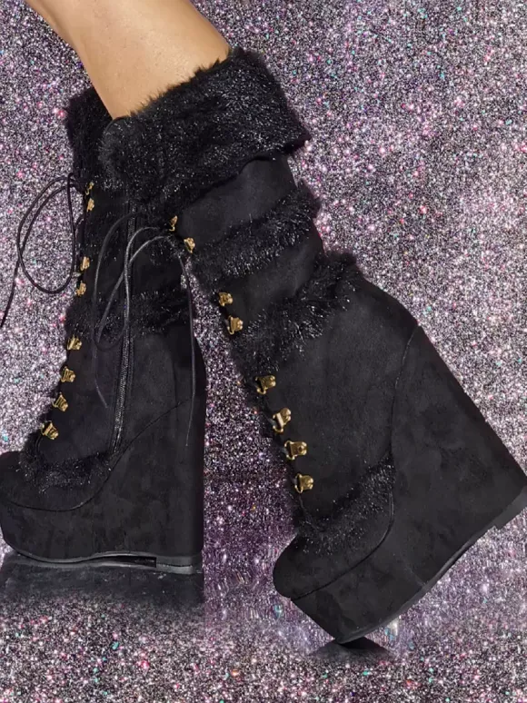 Bottes mi-mollet pour femmes Bottes à talons compensés à bout rond en suède micro