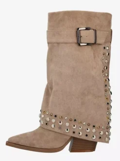Bottes mi-mollet pour femmes en daim bout pointu boucle cloutée talon épais