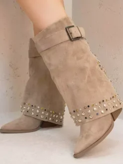 Bottes mi-mollet pour femmes en daim bout pointu boucle cloutée talon épais