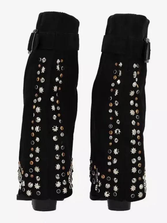 Bottes mi-mollet pour femmes en daim bout pointu boucle cloutée talon épais