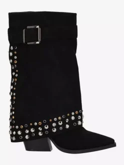 Bottes mi-mollet pour femmes en daim bout pointu boucle cloutée talon épais