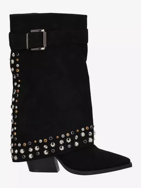 Bottes mi-mollet pour femmes en daim bout pointu boucle cloutée talon épais