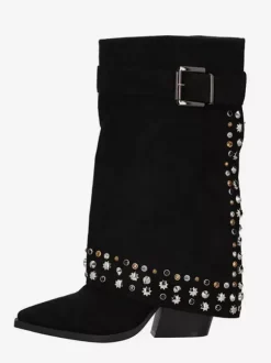 Bottes mi-mollet pour femmes en daim bout pointu boucle cloutée talon épais