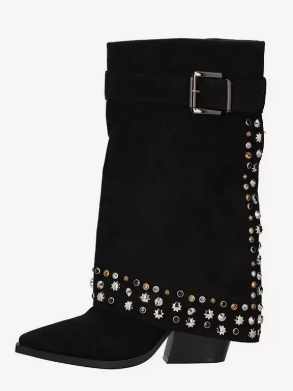Bottes mi-mollet pour femmes en daim bout pointu boucle cloutée talon épais