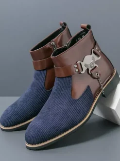 Bottes montantes en tricot pour homme avec fermeture éclair latérale chaussures habillées à bout rond et talons bas bottes habillées à chaînes