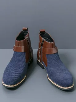 Bottes montantes en tricot pour homme avec fermeture éclair latérale chaussures habillées à bout rond et talons bas bottes habillées à chaînes