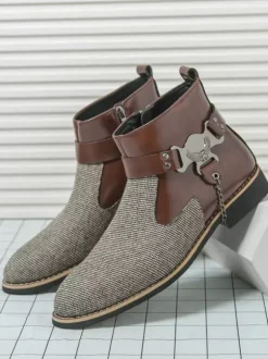 Bottes montantes en tricot pour homme avec fermeture éclair latérale chaussures habillées à bout rond et talons bas bottes habillées à chaînes
