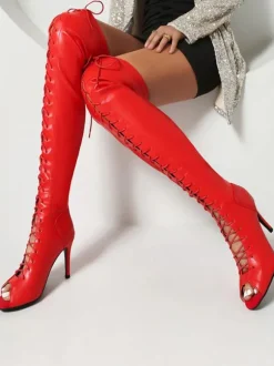 Bottes noires au dessus du genou pour femmes cuissardes à bout ouvert et à lacets talons hauts