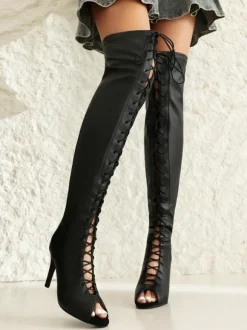 Bottes noires au dessus du genou pour femmes cuissardes à bout ouvert et à lacets talons hauts