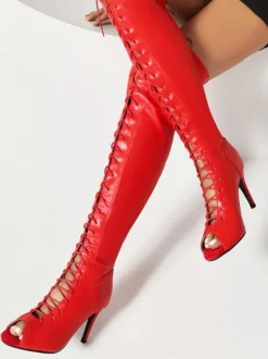 Bottes noires au dessus du genou pour femmes cuissardes à bout ouvert et à lacets talons hauts